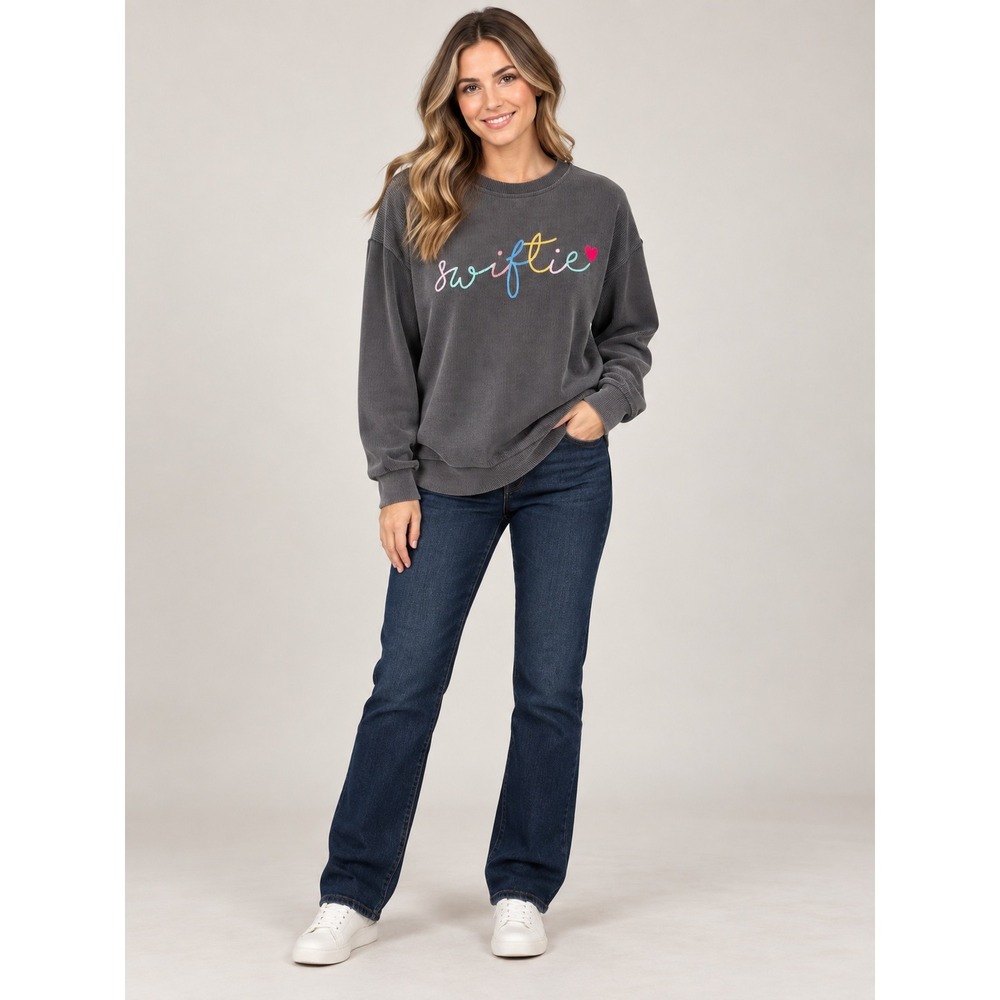 Swiftie Corduroy Sweatshirt Women Medium Grey Eras Tour Aesthetic Ribbed Top